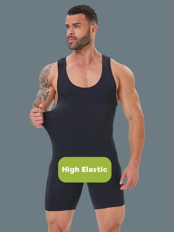 Men's Solid Open Crotch Design Scoop Neck Shapewear Tank Romper, Casual High Stretch Tummy Control Sleeveless Shaper, Tummy Tuck Shaper, Men's Shapewear for All Seasons