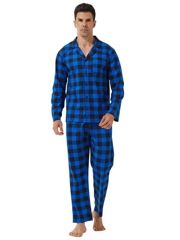 Men's Plaid Print Button Front Pocket Lapel Shirt & Elastic Waist Pants Loungewear Two-piece Set, Regular Fit Casual Comfy Long Sleeve Top & Trousers Pj Set, Men's Sleepwear for Spring & Fall