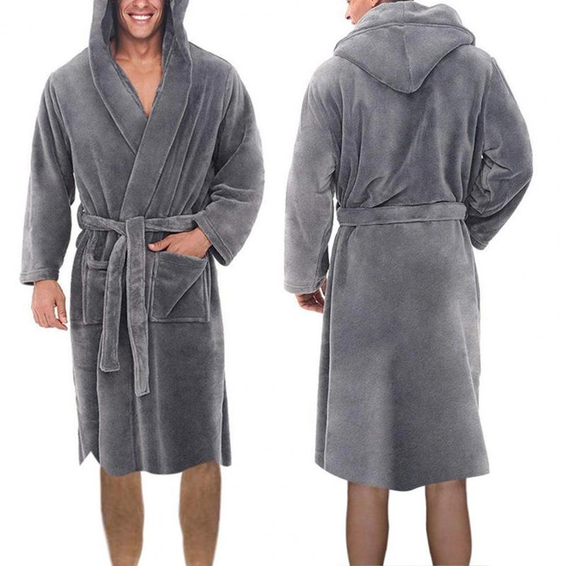 Men Soft Coral Fleece Nightgown Plus Size Men Flannel Robe Sleepwear Thick Warm Long Bathrobe Nightgown Fleece Long Bath Robe