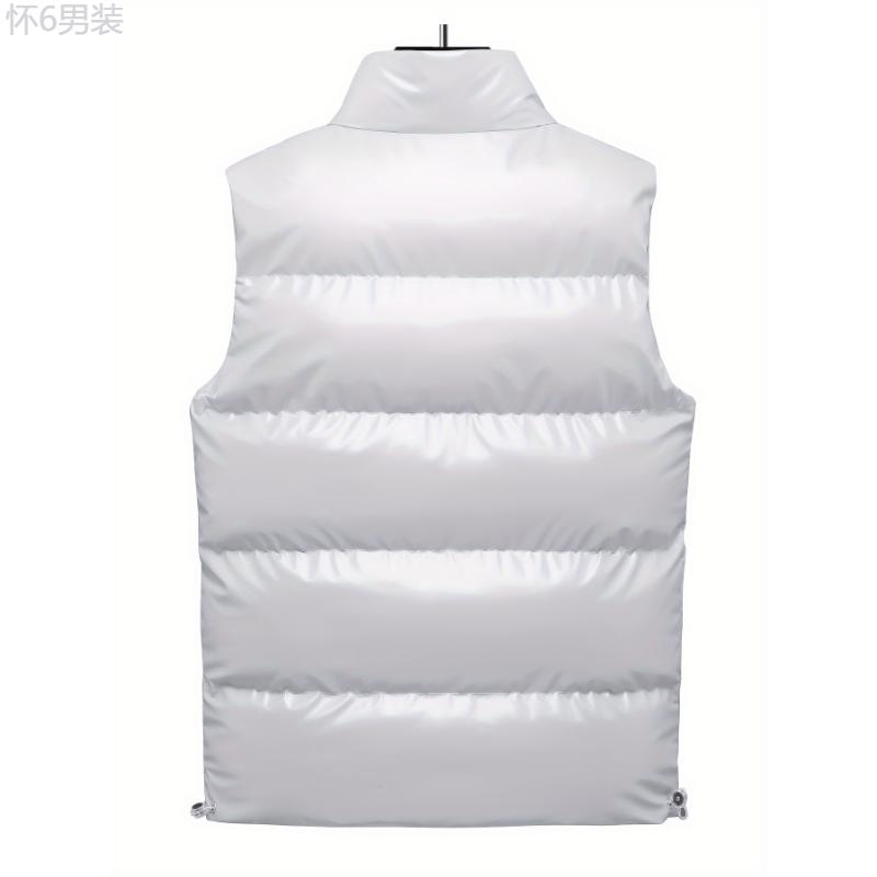 Men's Casual Padded Vest Polyester Crew Neck Sleeveless Shiny Outerwear with Zipper Detail for Fall Winter - Solid Color Non-Stretch Woven Fabric Menswear Collar Menswear Collar Tops Beige Plain Tropical Plain Tropical