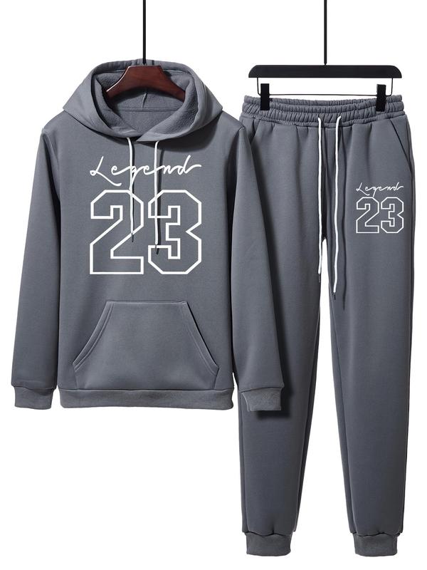 Two-Piece Set Men's Number Graphic Drawstring Pocket Hoodie & Sweatpants Set, Regular Fit Casual Long Sleeve Hooded Pullover & Elastic Waist Pants, Men's Fall & Winter Clothes