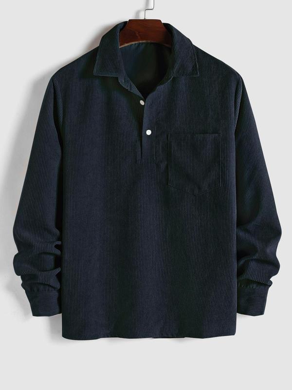Men's Plain Pocket Button Half Placket Corduroy Shirt for Spring, Shirts for Men, Regular Fit Streetwear Long Sleeve Collared Top for Fall Winter, Fall Clothes, Men Clothes, Fall Outfits, Fallfreshness Longsleeves