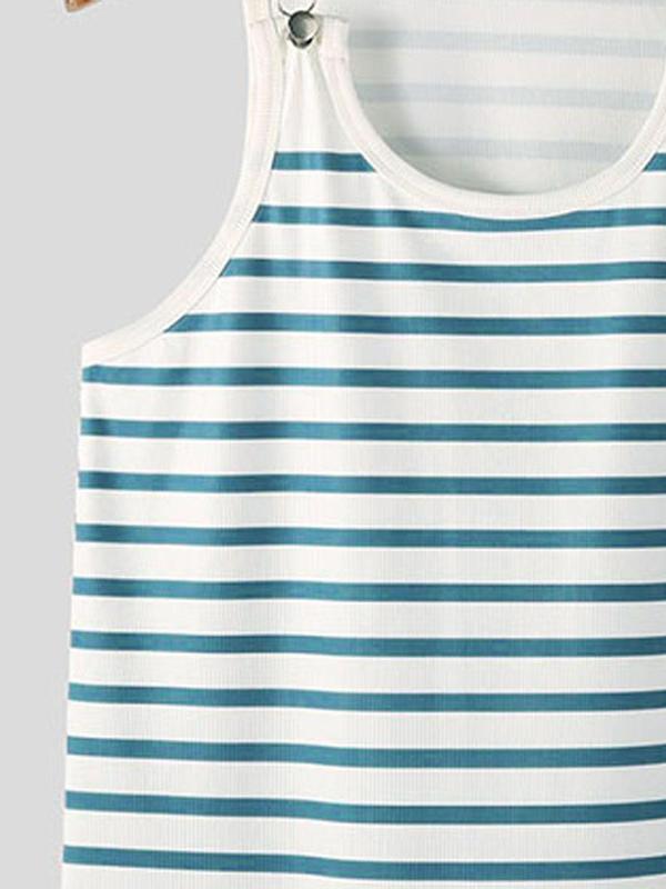 Men's Striped Print Buckle Front Round Neck Tank Top, Casual Slim Sleeveless Vest for Summer, Fashion Men's Top for Daily Wear