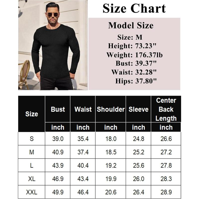 Men's Long Sleeve Shirts Ribbed Pullover Sweater Sim Fit Thermal Tops Crew Neck Stretchy Undershirts S-XXL