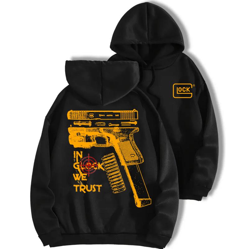 In Glock We Trust Standard size Black Hoodie with Multicolor Design for Men and Women - Classic Fit - Menswear