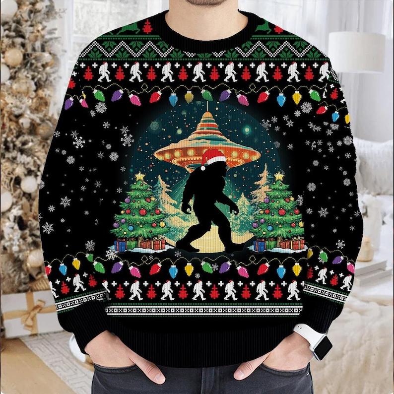 Bigfoot UFO Ugly Christmas Sweater, Christmas Tree Ugly Sweater For Men & Women - Perfect Gift For Christmas, Family, Friends, Xmas