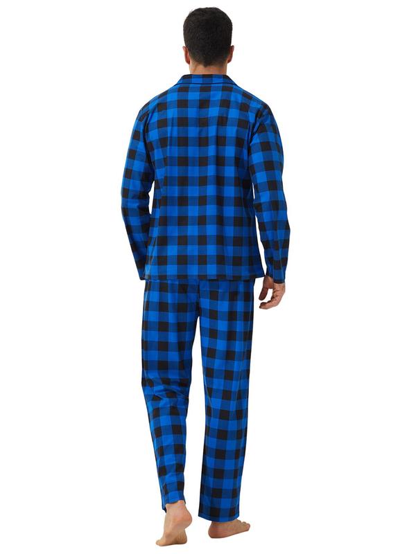 Men's Plaid Print Button Front Pocket Lapel Shirt & Elastic Waist Pants Loungewear Two-piece Set, Regular Fit Casual Comfy Long Sleeve Top & Trousers Pj Set, Men's Sleepwear for Spring & Fall