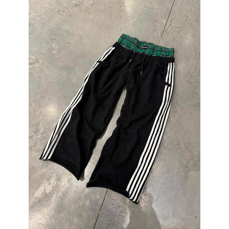 New Product Carnival]Casual Sweatpants Side Three Bars Splicing Plaid Comfortable Loose Wide Leg Straight Sweatpants Street Tide Menswear Man Trouser Tractor Striped Stripe