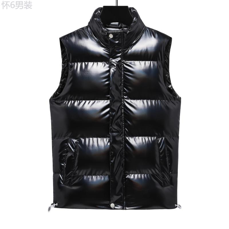 Men's Casual Padded Vest Polyester Crew Neck Sleeveless Shiny Outerwear with Zipper Detail for Fall Winter - Solid Color Non-Stretch Woven Fabric Menswear Collar Menswear Collar Tops Beige Plain Tropical Plain Tropical