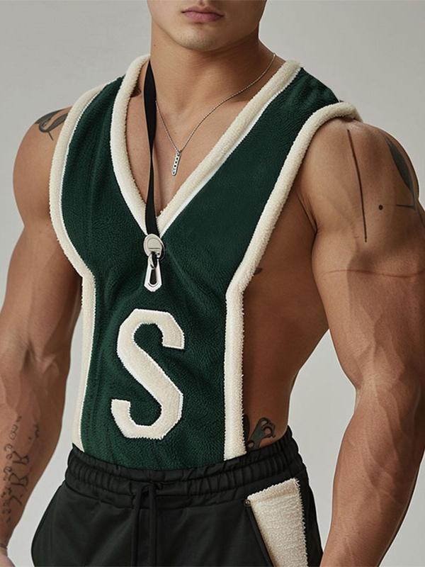 Men's Letter Patched Contrast Binding V Neck Tank Top, Casual Sleeveless Top for Daily Wear, Fashion Men's Clothes for All Seasons