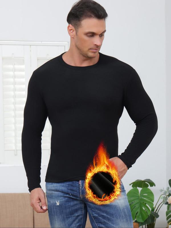 Men's Long Sleeve Round Neck Sports Thermal Underwear Top, Casual Comfy Breathable Warm Top for Fall & Winter, Men's Sportswear for Indoor Outdoor Wear