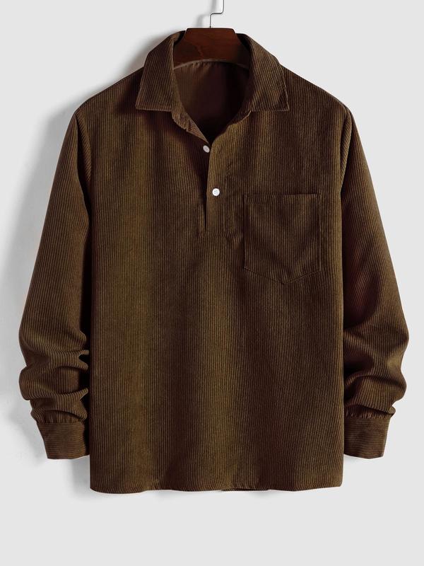 Men's Plain Pocket Button Half Placket Corduroy Shirt for Spring, Shirts for Men, Regular Fit Streetwear Long Sleeve Collared Top for Fall Winter, Fall Clothes, Men Clothes, Fall Outfits, Fallfreshness Longsleeves