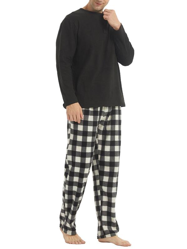 Men's Christmas Long Sleeve Henley Shirt & Plaid Print Pocket Pants Loungewear Set, Casual Comfy Regular Fit Round Neck Top & Drawstring Trousers Pj Set for Spring & Fall, Women's Polar Fleece Sleepwear