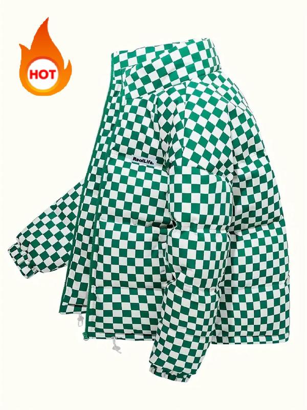 Men's Plaid Print Zip Up Drawstring Coat, Casual Long Sleeve Stand Collar Pocket Outerwear for Fall & Winter, Men's Clothes for Daily Wear