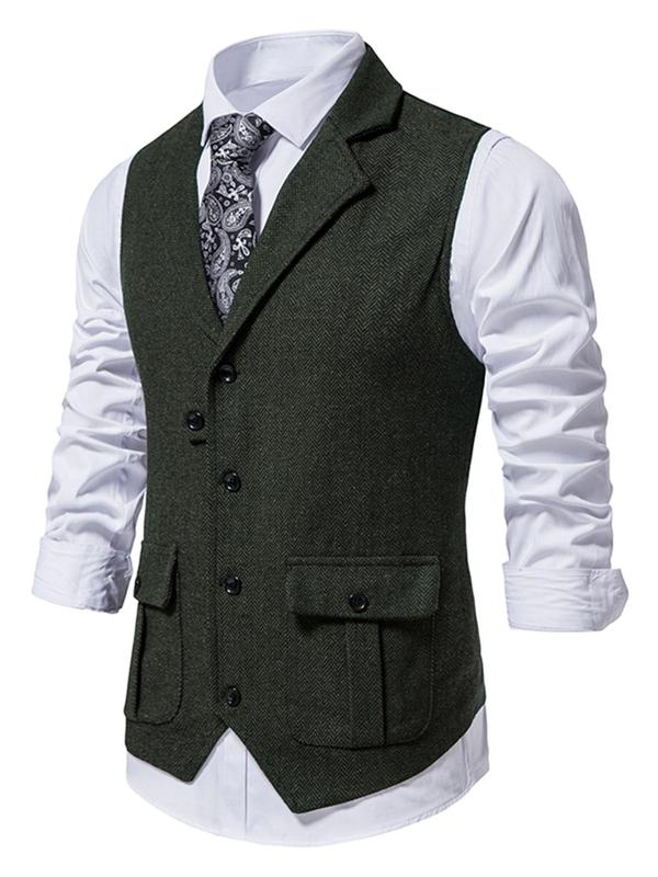 Men's Solid Button Front Pocket Suit Vest, Regular Fit Casual Lapel Sleeveless Suit Vest for Work Office Business, Men's Clothes for All Seasons