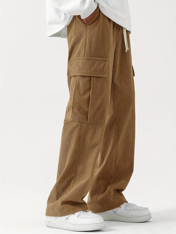 Men's Plain Pocket Drawstring Waist Corduroy Cargo Pants, Casual Baggy Wide Leg Trousers, Summer Pants, Men's Bottoms for Daily Wear