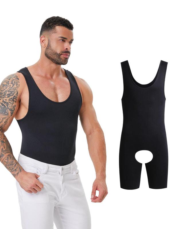 Men's Solid Open Crotch Design Scoop Neck Shapewear Tank Romper, Casual High Stretch Tummy Control Sleeveless Shaper, Tummy Tuck Shaper, Men's Shapewear for All Seasons