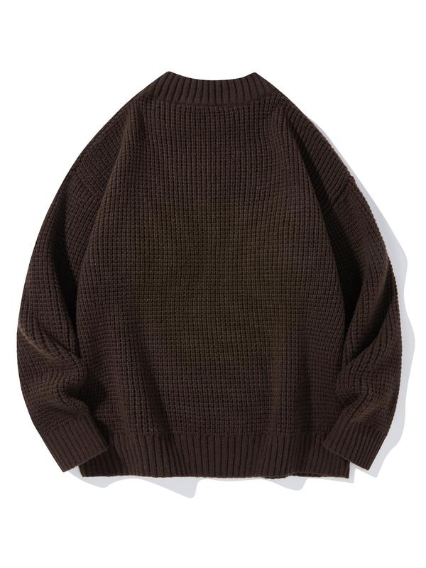 Men's Regular Fit Solid Color Retro Waffle Knit Round Neck Sweater Pullover, Casual Drop Shoulder Long Sleeve Jumper for Fall & Winter, Men's Knitwear for Daily Wear