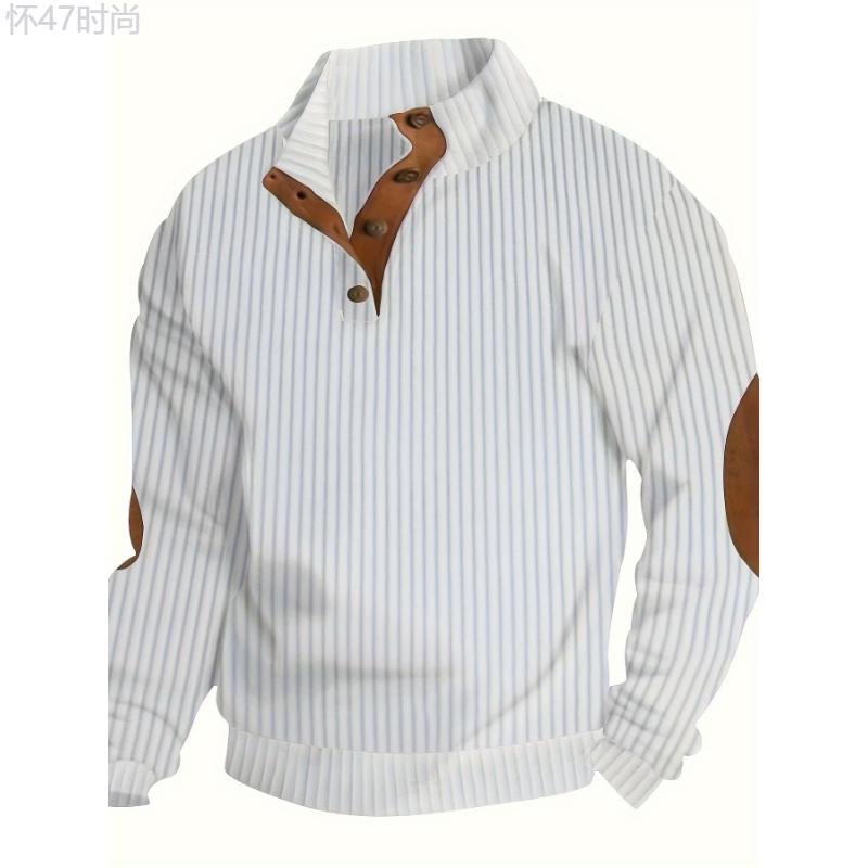 Casual Men's Ribbed Stand Collar Knit Sweater - 100% Polyester Long Sleeve Pullover with Button Detail Solid Color Comfort Fit Fall Winter Sweater Fabric Knitwear Menswear Stretch Tops Knife Longsleeves Beige Plain Stripe