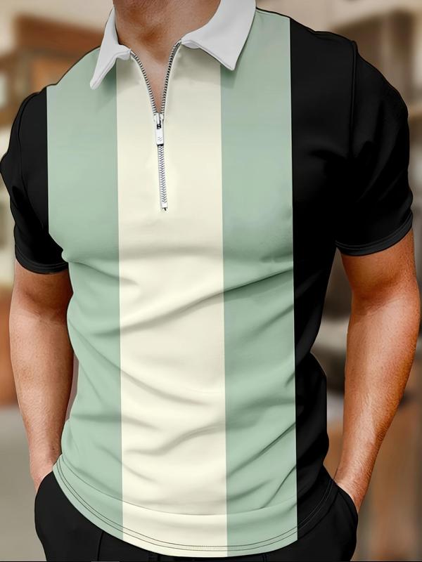 Men's Colorblock Striped Print Zipper Polo Shirt, Casual  Regular Fit Short Sleeve Top for Summer, Menswear for Daily Wear