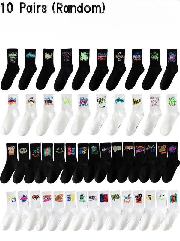 Random 10 Pairs Unisex's  Cartoon Print Crew Socks, Casual Comfortable Breathable Socks for Daily Wear, Men's Socks for All Seasons