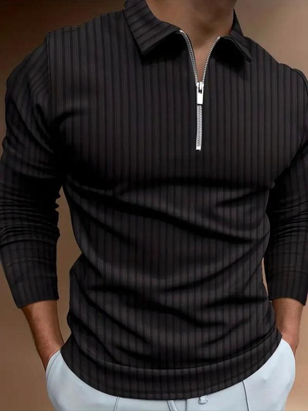 Men's Solid Half Zip Up Ribbed  Polo Shirt, Regular Fit Casual Long Sleeve Top for All Seasons, Fashion Men's Clothes for Daily Wear
