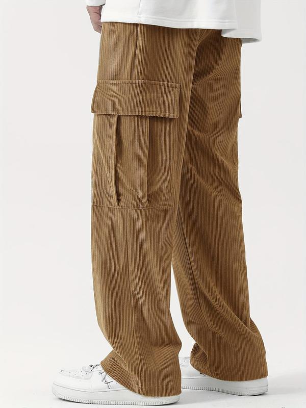 Men's Plain Pocket Drawstring Waist Corduroy Cargo Pants, Casual Baggy Wide Leg Trousers, Summer Pants, Men's Bottoms for Daily Wear