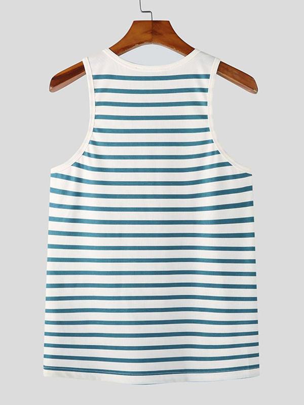 Men's Striped Print Buckle Front Round Neck Tank Top, Casual Slim Sleeveless Vest for Summer, Fashion Men's Top for Daily Wear