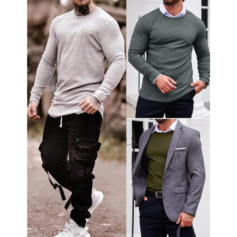 Men's Long Sleeve Shirts Ribbed Pullover Sweater Sim Fit Thermal Tops Crew Neck Stretchy Undershirts S-XXL