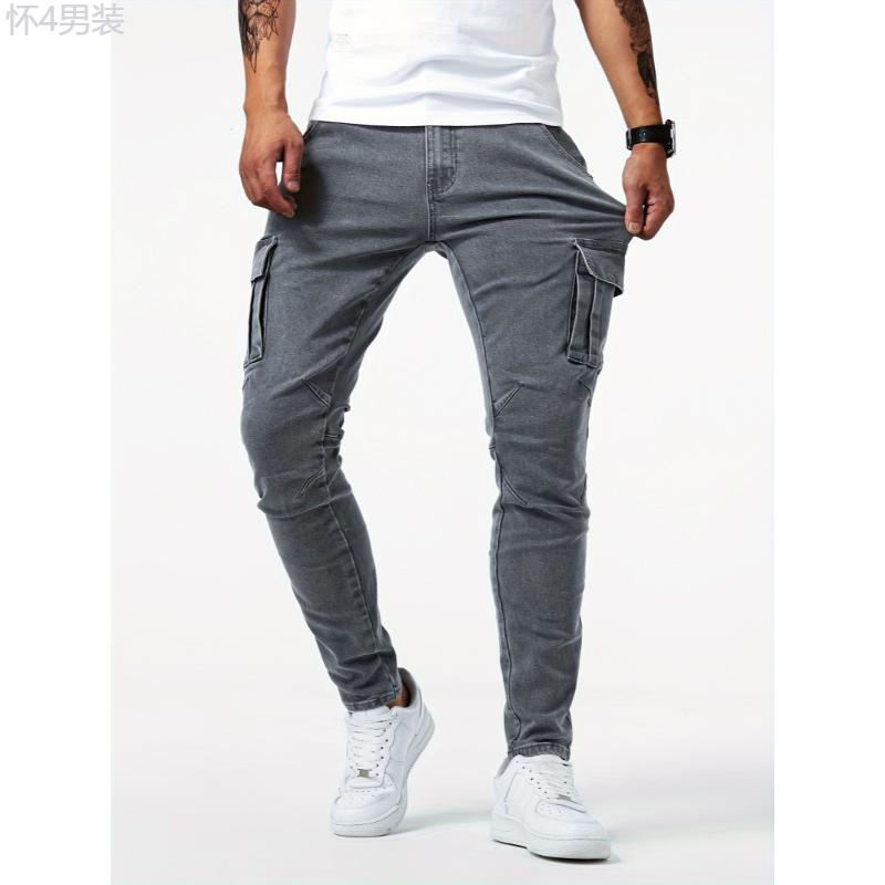 High Stretch Slim Fit Cargo Jeans - Soft, Breathable, Comfortable Denim Pants with Multi Pockets for Teen Men - Perfect for Casual Street Style, All-Season Wear Menswear Trouser Fabric Streetwear Beige Plain