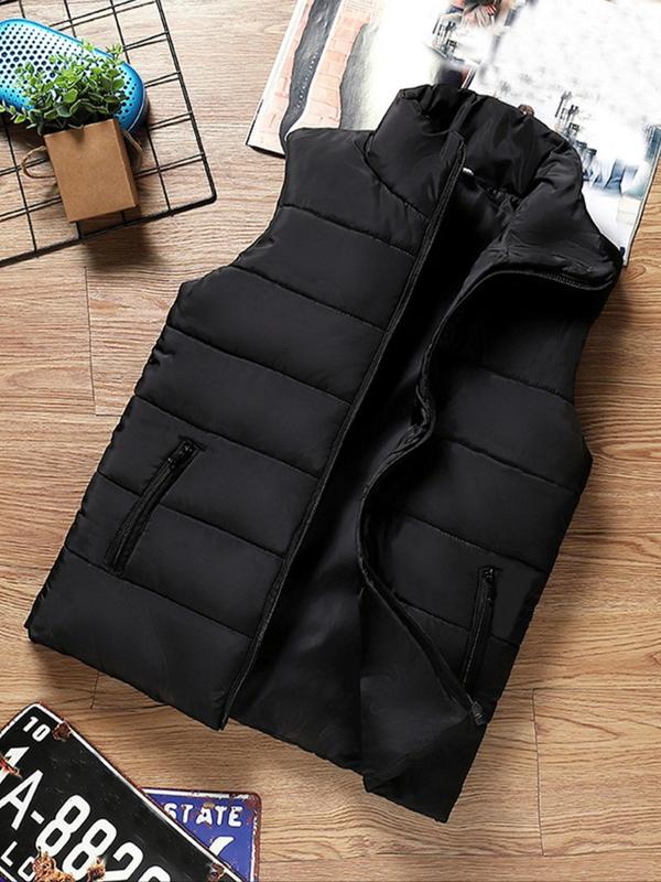 Men's Plain Pocket Zipper Stand Collar Vest Puffer Coat, Casual Slim Thermal Lined Black Gilet Outerwear For Fall & Winter, Men's Tops Clothes For Daily Wear, Men's Clothing