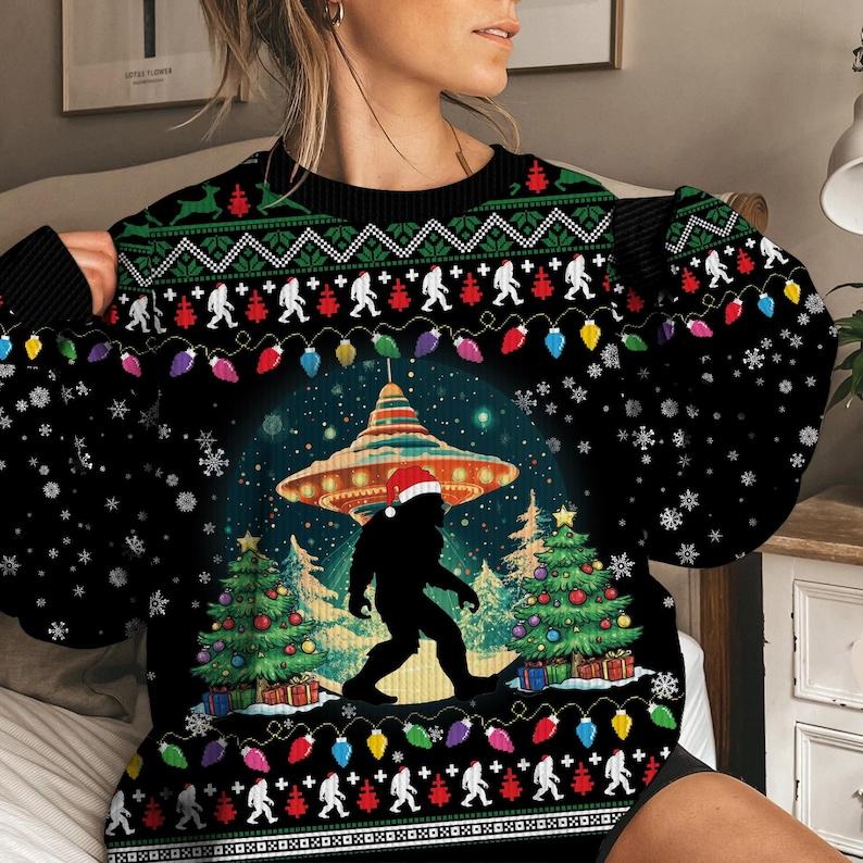 Bigfoot UFO Ugly Christmas Sweater, Christmas Tree Ugly Sweater For Men & Women - Perfect Gift For Christmas, Family, Friends, Xmas