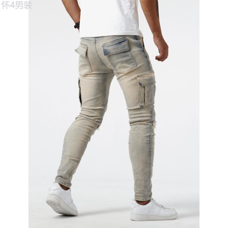 High Stretch Slim Fit Cargo Jeans - Soft, Breathable, Comfortable Denim Pants with Multi Pockets for Teen Men - Perfect for Casual Street Style, All-Season Wear Menswear Trouser Fabric Streetwear Beige Plain