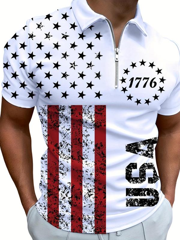 Men's American Flag & Letter Print Zipper Polo Shirt, Regular Fit Casual Short Sleeve Top for Summer, Men's Clothes for Daily Wear