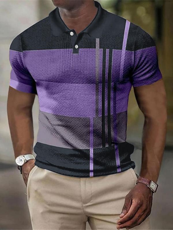 Men's Colorblock Textured Button Front Polo Shirt, Regular Fit Casual Short Sleeve Polo Collar Top, Men's Clothes for Daily Wear, Summer Outfits 2024