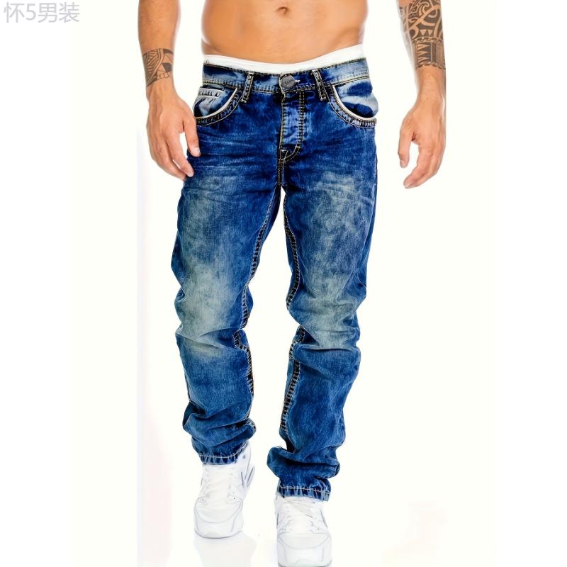 Men's Fashion Slim-Fit Distressed Jeans - Stylish Streetwear Denim Pants with Versatile Seasonal Wear, Comfortable Fabric, and Trendy Ripped Details - Perfect for Casual Daily Life, Outdoor Activities, and Night Outings Menswear Stretch Trouser Beige