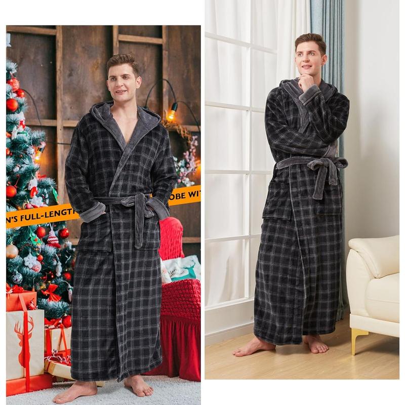 Mens Plush Plaid Hooded Robe, Full Length Fleece Big and Tall Bathrobe with Hood