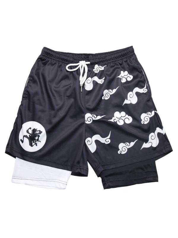 Men's Regular Fit Cartoon Print 2 in 1 Drawstring Waist Shorts, Casual Pocket Design Shorts for Summer, Men's Bottoms for Daily Wear