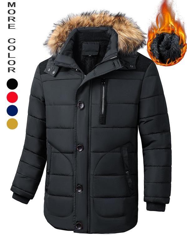 Men's Contrast Faux Fur Trim Hooded Coat, Regular Fit Casual Long Sleeve Button Front Outerwear for Winter, Men's Clothes for Daily Wear