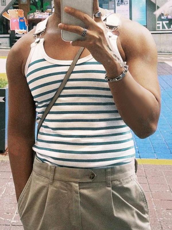 Men's Striped Print Buckle Front Round Neck Tank Top, Casual Slim Sleeveless Vest for Summer, Fashion Men's Top for Daily Wear