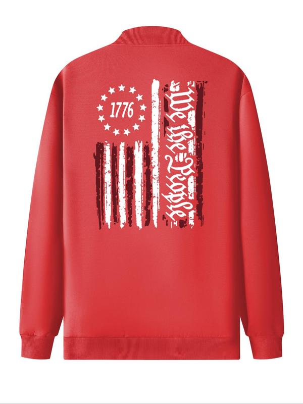 Men's American Flag Print Zip Up Jacket, Regular Fit Casual Long Sleeve Pocket Zipper Outerwear for Fall & Winter, Men's Clothes for Daily Wear