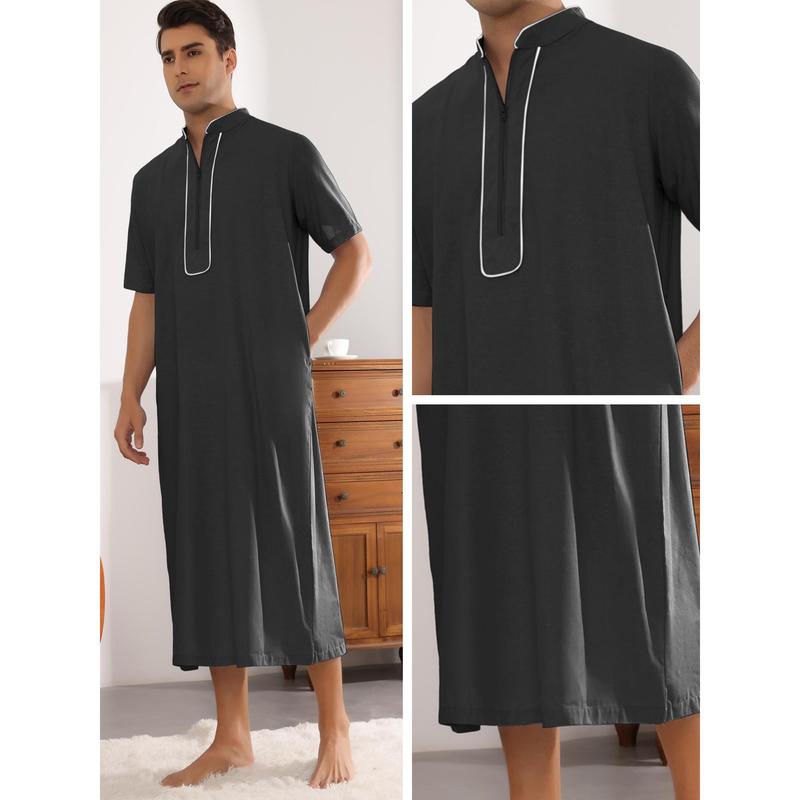 Lars Amadeus Nightgown for Men's Loose Fit Short Sleeves Stand Collar Zipper Long Nightshirts Black