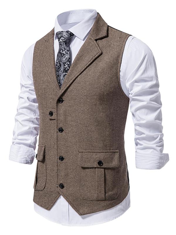 Men's Solid Button Front Pocket Suit Vest, Regular Fit Casual Lapel Sleeveless Suit Vest for Work Office Business, Men's Clothes for All Seasons