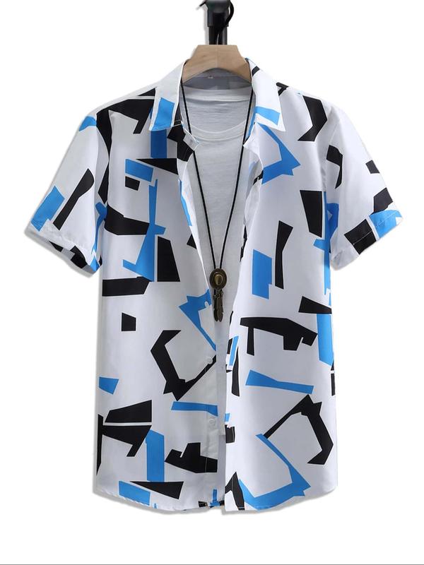 Men's Regular Fit All Over Print Button Front Shirt without Tee & Necklace, Casual Comfy Short Sleeve Collar Top for Summer, Men's Top for Daily Wear