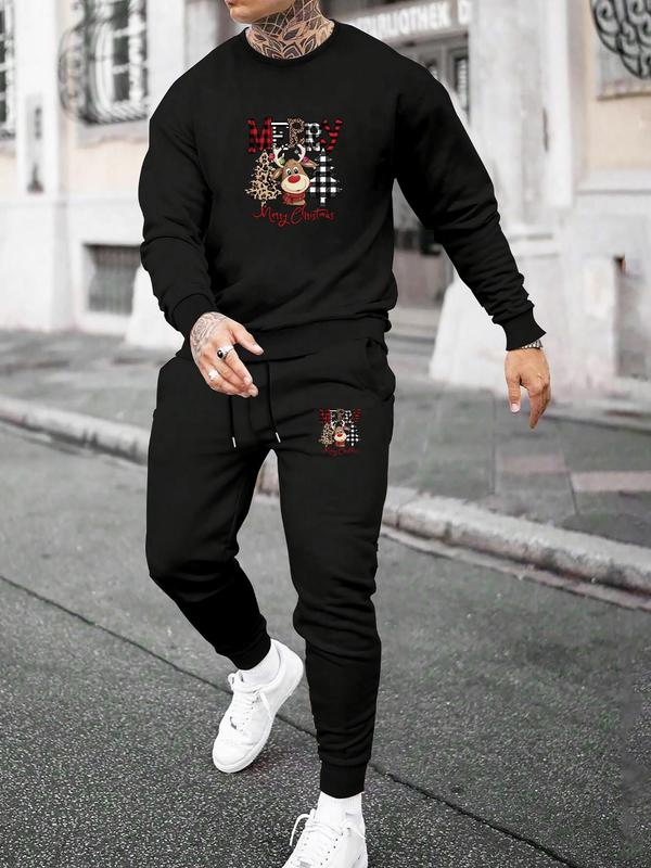 Men's Christmas Deer Print Sweatshirt & Drawstring Waist Sweatpants Set, Regular Fit Casual Long Sleeve Pullover & Pocket Jogger Pants, Men's Spring & Fall Clothes