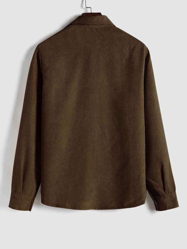 Men's Plain Pocket Button Half Placket Corduroy Shirt for Spring, Shirts for Men, Regular Fit Streetwear Long Sleeve Collared Top for Fall Winter, Fall Clothes, Men Clothes, Fall Outfits, Fallfreshness Longsleeves