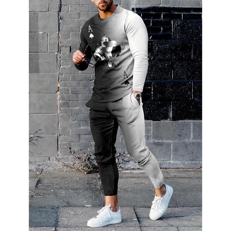 Men's Poker 3D Print Fashion Color Block Novelty Pajamas Homewear Suit, Sweatshirt and Sport Pants Suit Suit, Long Sleeve Top Pullover Shirt Jogger Pants 2 Piece Set Men's Clothing