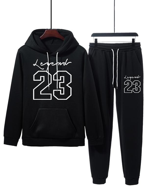 Two-Piece Set Men's Number Graphic Drawstring Pocket Hoodie & Sweatpants Set, Regular Fit Casual Long Sleeve Hooded Pullover & Elastic Waist Pants, Men's Fall & Winter Clothes