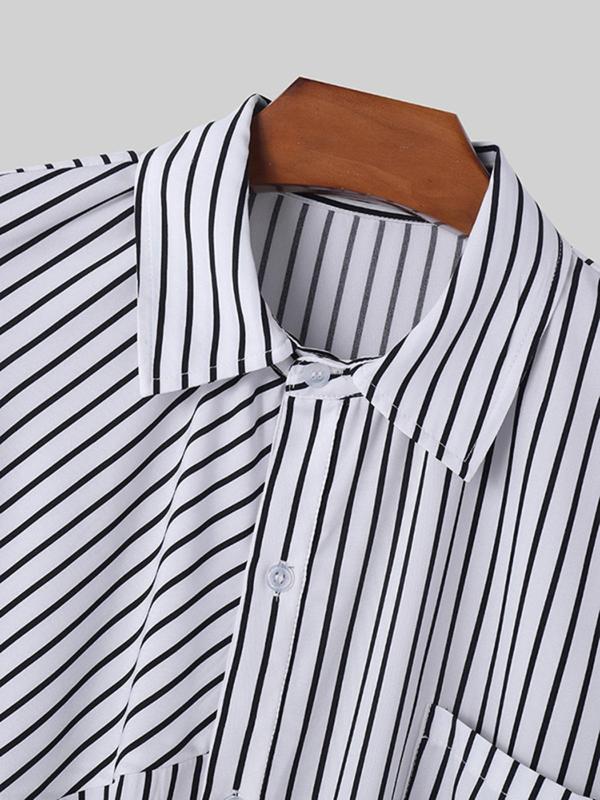 Men's Striped Print Button Front Plicated Shirt, Loose Casual Comfy Drop Shoulder Long Sleeve Collared Top for Daily Wear, Men's Clothes for All Seasons