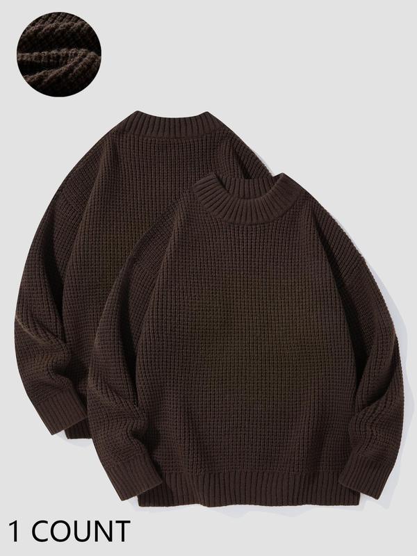 Men's Regular Fit Solid Color Retro Waffle Knit Round Neck Sweater Pullover, Casual Drop Shoulder Long Sleeve Jumper for Fall & Winter, Men's Knitwear for Daily Wear